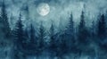 Watercolor landscape of a pine forest under the full moon at night. Royalty Free Stock Photo